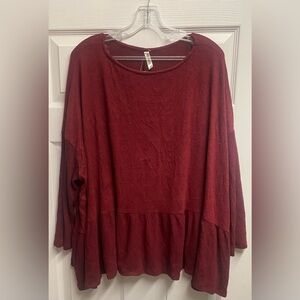 Emerald Fashions NWT Boutique Burgundy Peplum Soft Tunic Top Size Large
